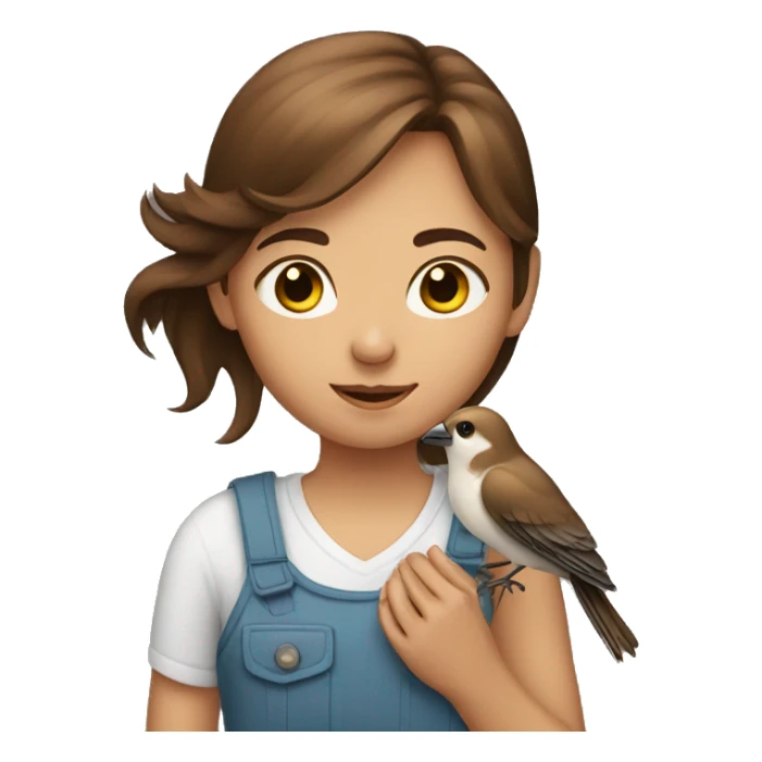 A brown haired girl holding a bird sticker