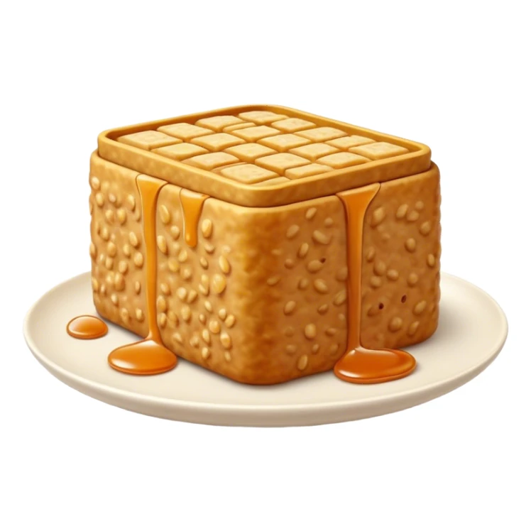 Cinematic Realistic Tempeh Dish Emoji, showcasing fermented soy cake cooked to a crispy finish rendered with lifelike textures and warm, inviting lighting. sticker