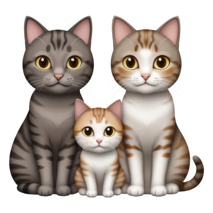 3 different coloured short haired cats including; a dark brown tabby and white cat, and a dark grey and white  sticker