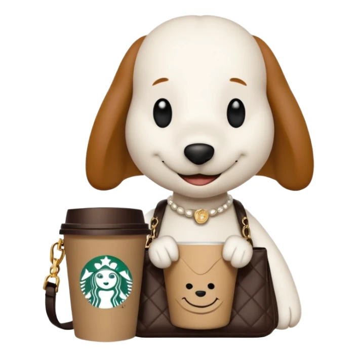 snoopy in a desk with starbucks and his chanel purse sticker