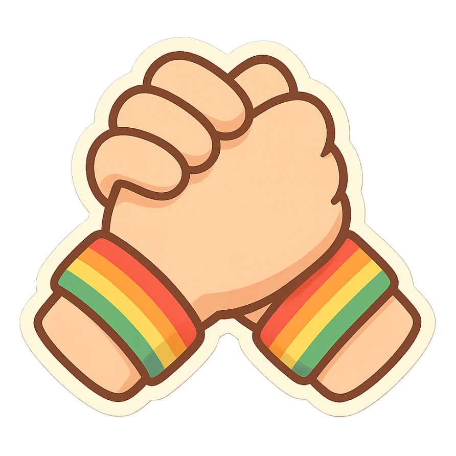 chibi sticker-style pair of clasped hands with rainbow bracelets, cute and exaggerated sticker