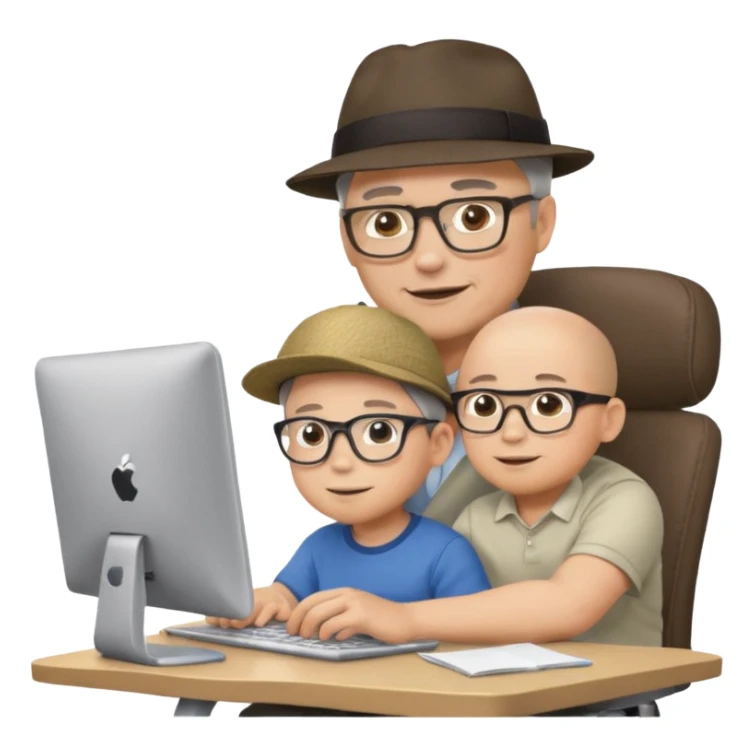 Middle aged man with glasses working at his desk, with his child sitting behind him on the headrest of his chair looking at his computer sticker