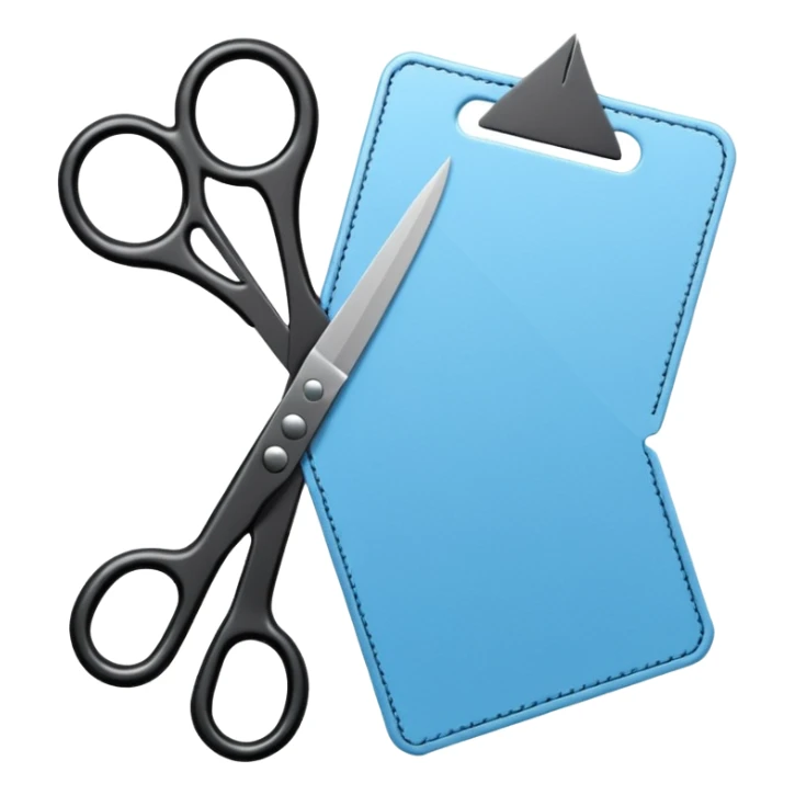 Floating black Scissors cutting a light blue military ID card in 2 parts .hyper realistic sticker