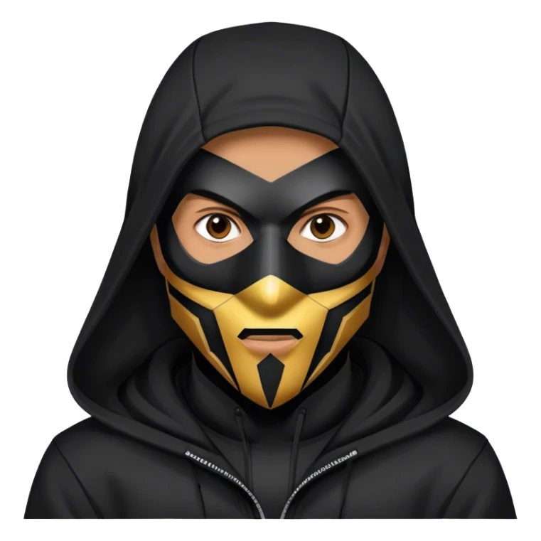 man with black hooded jacket and a full black full-face geometric mask sticker