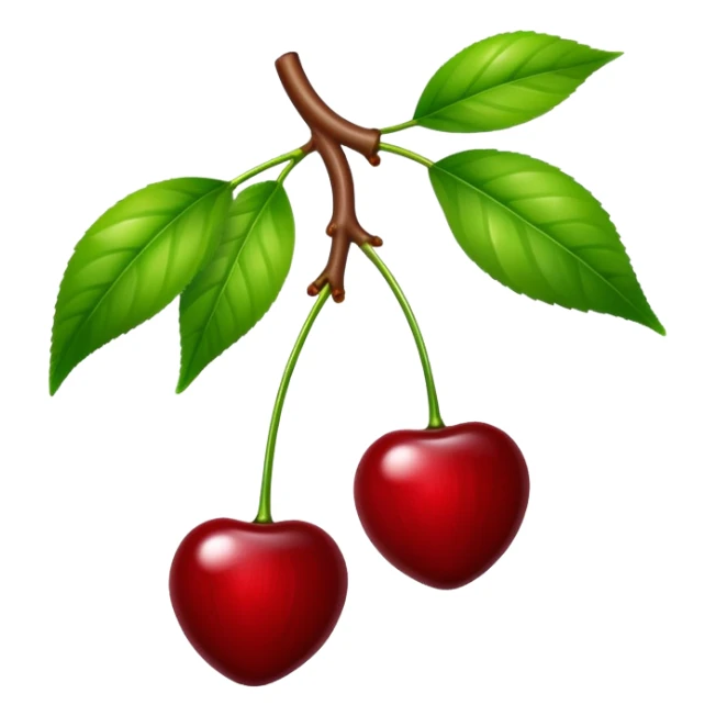 Two glossy red cherries hanging from a wooden branch with green leaves sticker