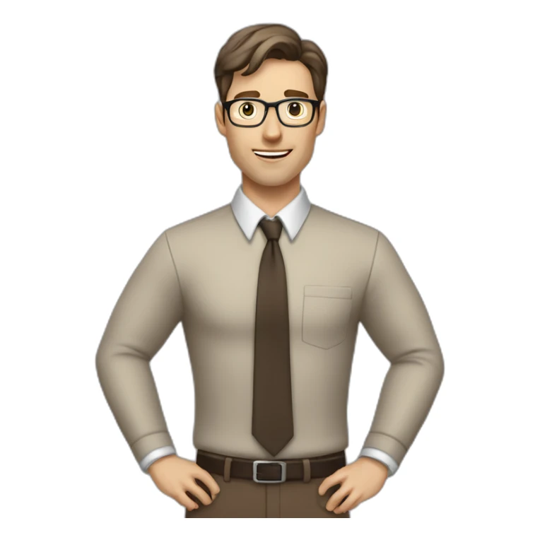 To belt Actively gesturing with hands Pale skinned fit man teacher with dark brown hair in gray jacket, beige office shirt, brown tie, brown pants and vintage glasses. sticker