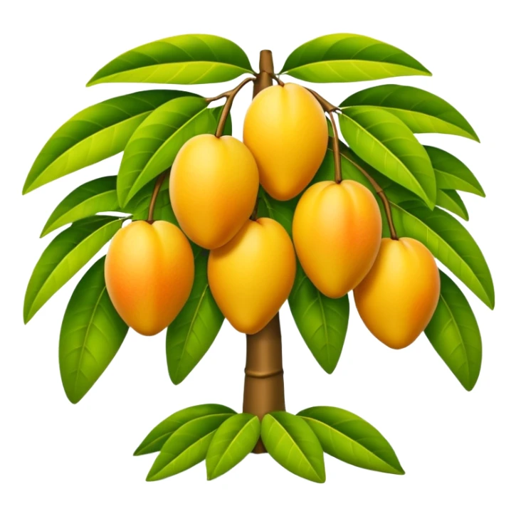 A 3D cartoon mango tree with golden-yellow mangoes visible among dense leaves, sunny atmosphere, Memoji-style rendering. sticker
