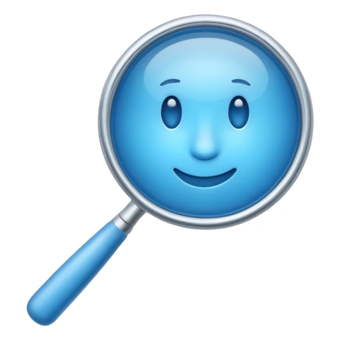 3D blue magnifying glass emoji, smooth rounded shape, glossy plastic, soft gradient, minimal emoji style, clean background sticker