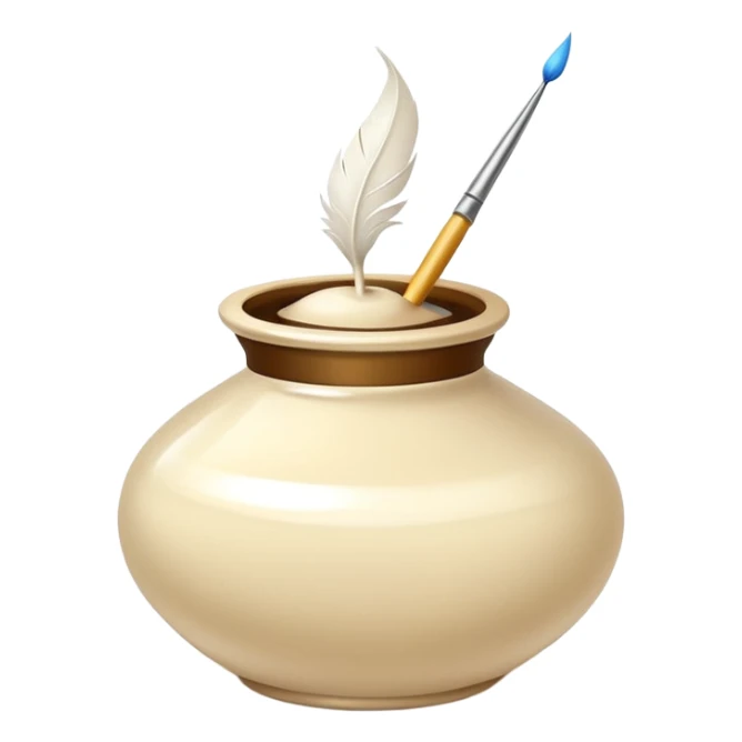 elegant cream-colored ink pot with a soft, curved white feather quill, glossy, minimal, on black background, emoji style sticker