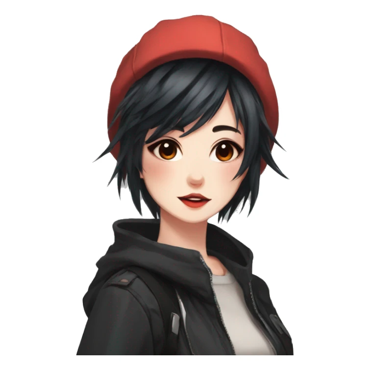 Gorgeous anime style tomboy-lady with blushing face aesthetic and pretty edgy black red punk hair with hair garment trending style sticker