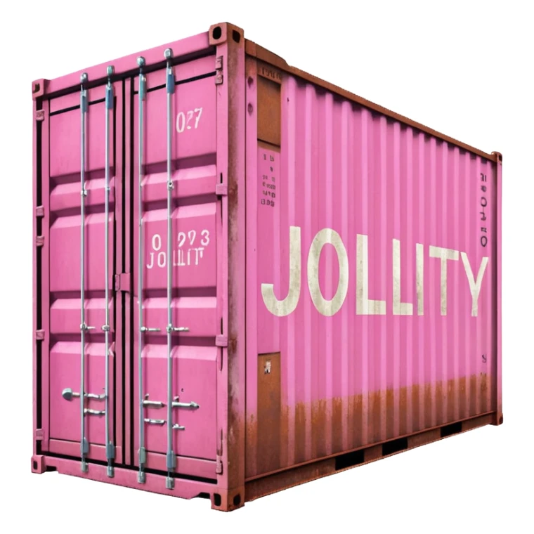 a pink shipping container with the word "Jollity" in big letters on the long side sticker