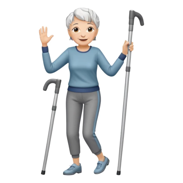 elderly woman with pants short grey hair dancing with crutches                     and with a sorry look sticker