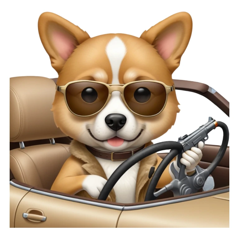 Dog driving a car with sunglasses carrying a gun sticker