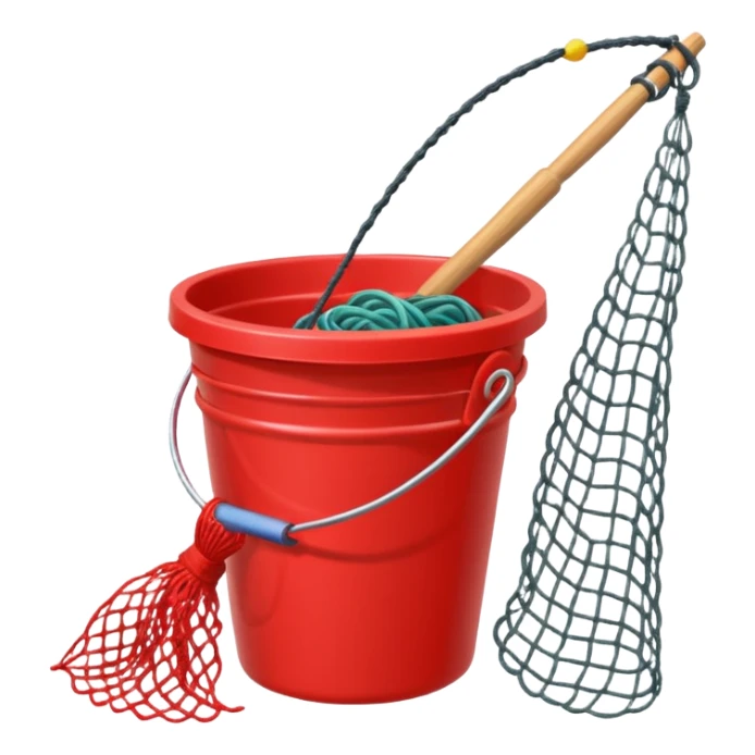 A small red bucket with a fishing net leaning against it.
 sticker