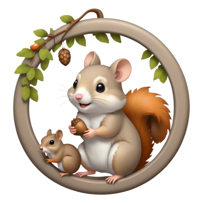 Icon for Rodents: A vibrant collage featuring a playful hamster in a wheel, a fluffy gray mouse with large ears, and a cheeky squirrel holding an acorn. Background with scattered seeds and tree branches. Transparent background. sticker
