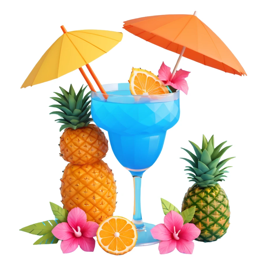 blue tropical cocktail with hibiscus, pineapple, and tiny pastel paper umbrella garnishes sticker