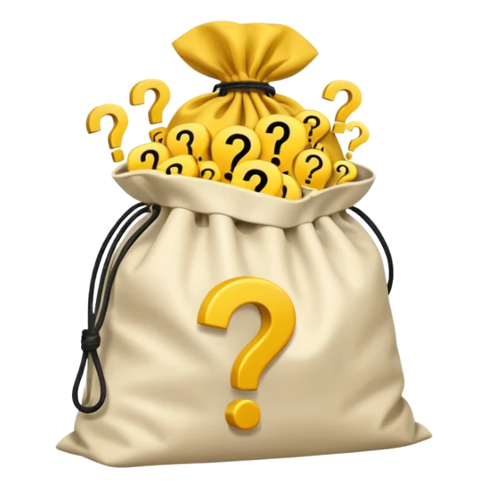 tied bag printed with q&a overstuffed with yellow question marks sticker