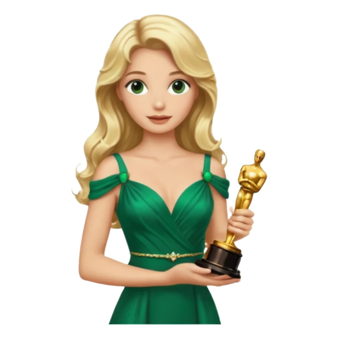 blonde model, brown eyes, long wavy hair, oscars red carpet, emerald green, holding oscar sticker
