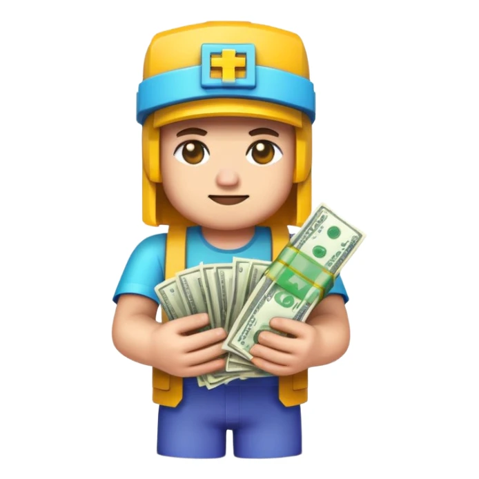 emoji style icon, minecraft blocky character holding a stack of money, pixel art style, bright colors, simple background, 3D glossy emoji, centered composition, soft shadow, high detail, clean outline, white background sticker