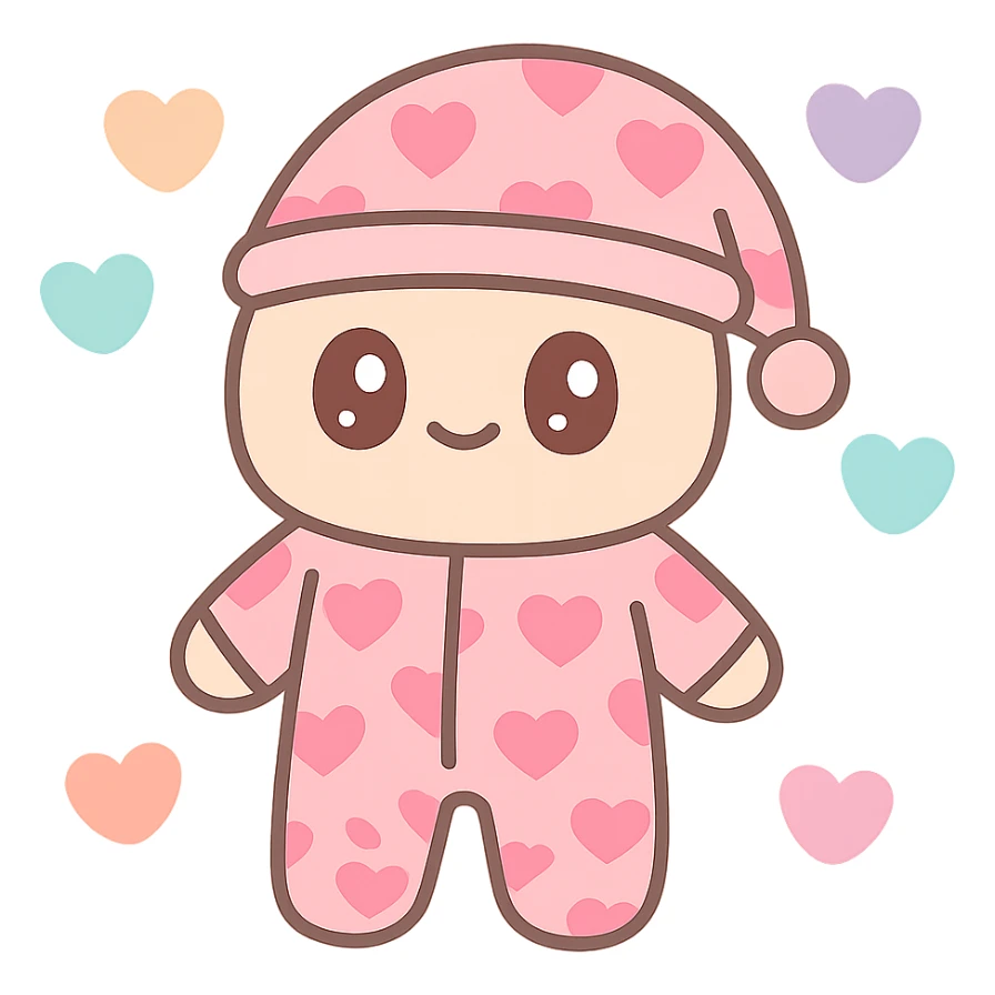 pink pajamas covered in heart prints, surrounded by floating hearts, adorable and inviting sticker