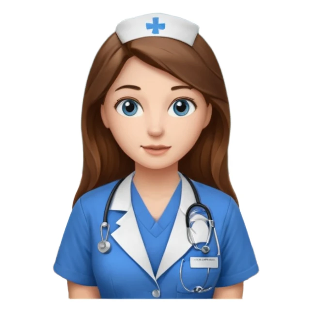 university classroom that says nursing school on the board with a pretty female nursing student with long brown hair, blue eyes sticker