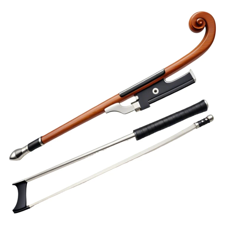 Create a detailed emoji representing a cello bow. The design should feature the elegant and slender shape of the bow, with visible intricate details like the fine wood texture, the metal ferrule, and the soft horsehair stretched tightly across it. Include subtle accents like the leather grip near the frog and delicate wooden finish. The bow should have a classic, polished look, with a touch of sophistication. Use warm wooden tones, silver, and black to highlight the craftsmanship of a professional cello bow. The background should be transparent. sticker
