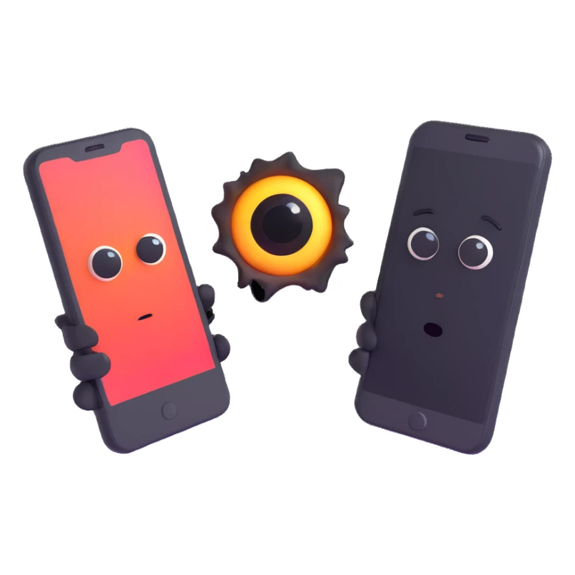 two wide open eyes looking at a smartphone with a mysterious black hole nearby sticker