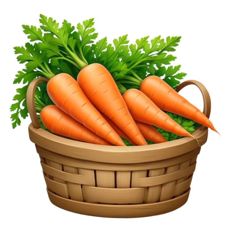 Cinematic vibrant orange carrot, crisp and fresh, slightly twisted with green leafy tops, arranged in a rustic wooden basket, natural and inviting. sticker