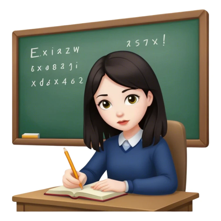 Girl with dark hair, pale skin, studying sticker