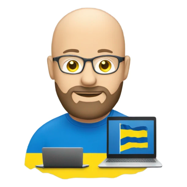 bald man with a beard and laptop, make a ukrainian flag on a laptop logo sticker