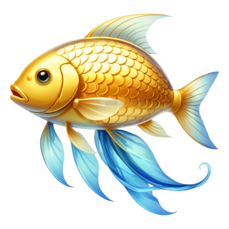 Ethereal golden fish with translucent glowing scales transforming into or carrying a shining golden omega-3 capsule. The fish appears magical and flowing, with streams of light connecting it to the capsule. Both elements emit a soft radiant glow in a dreamy atmosphere with subtle blue undertones. sticker