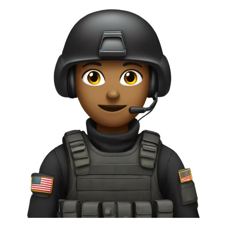 Military operator dressed in black with a helmet, without glasses, wearing a headset, ready to respond to alerts, preferably female, no country badge sticker