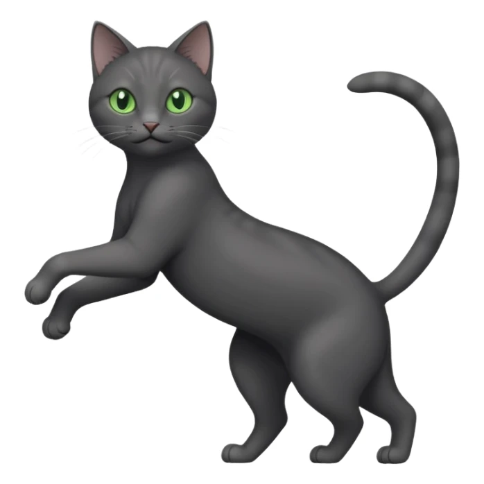 full body gorgeous solid dark grey cat with green eyes, white paws and white whiskers stretching like a cat sticker