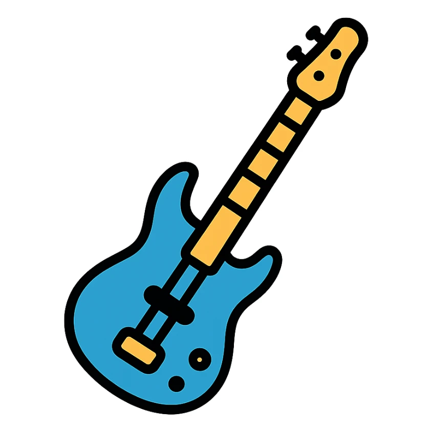 blue electric bass guitar, color outline icon style sticker
