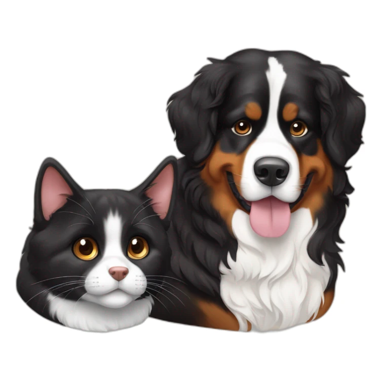 Bernese dog next to A brown and black cat without white fur sticker