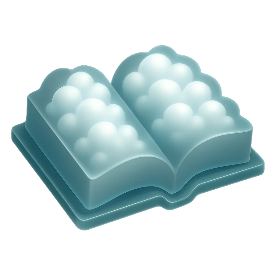 thick open book with pages made of small very bright white fluffy convex clouds, matte glass style sticker