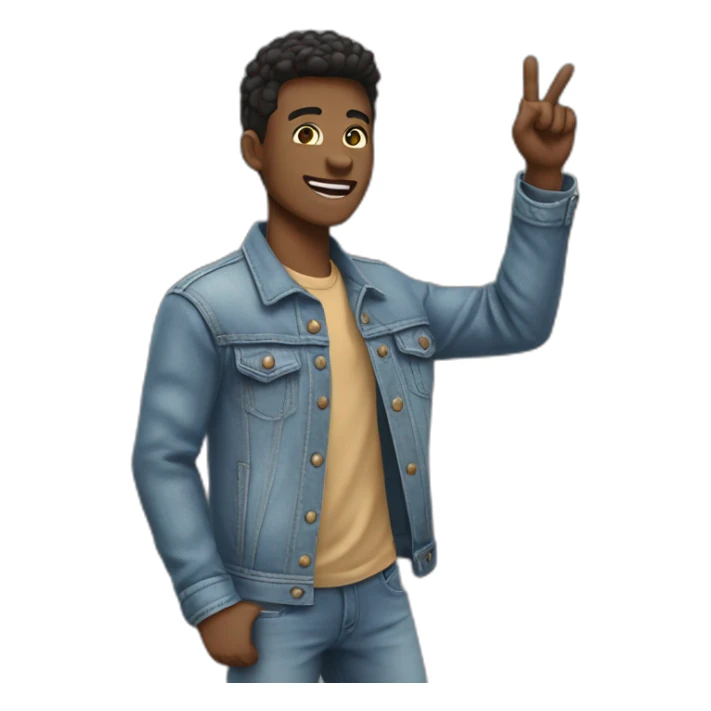 Cool person in denim jacket pointing upward from left hand skin color light. Make look face with emoji sticker