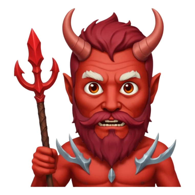 satan emoji holding a trident. make him red and scary. make him older with a beard sticker