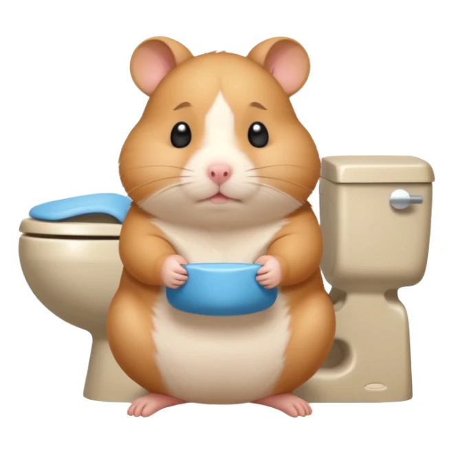 Cute chubby cartoon-style hamster sitting on toilet pooping looking guilty with thought bubble thinking about chilli  sticker