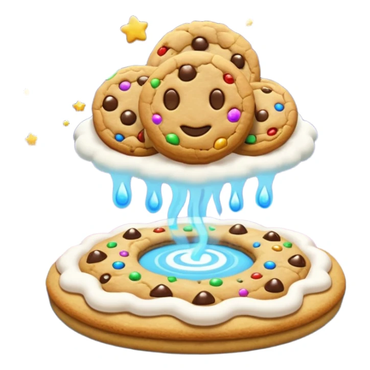 Divine floating cookie factory with golden architecture, infinite cookie stream, glowing aura, celestial clouds, epic emoji-style sticker