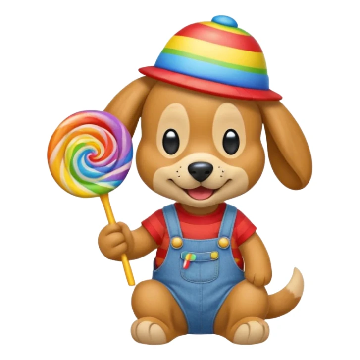 Generate a emoji of a dog with a comically large rainbow swirly lollipop with a goofy silly propeller hat, make the dog wear a striped bright yellow, red, and blue shirt with jean overalls sticker