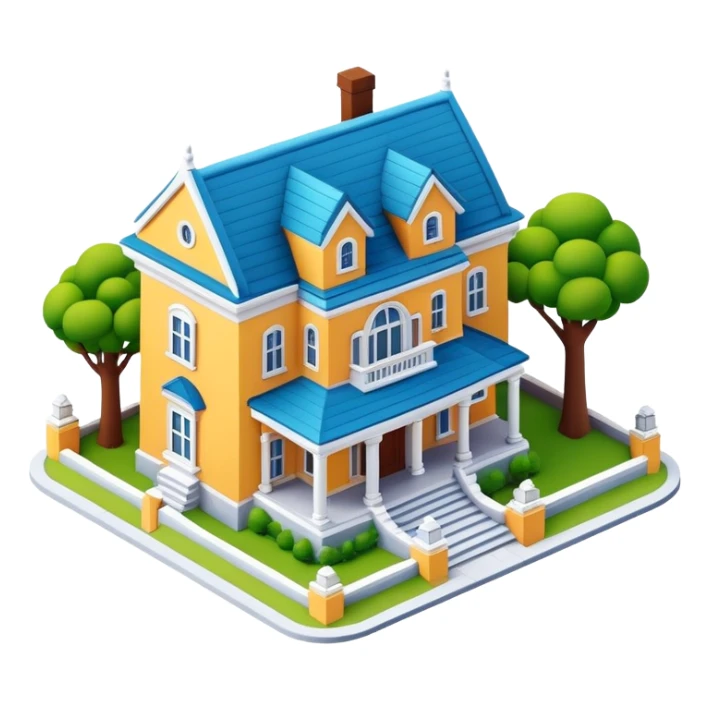 3d realistic isometric mansion exterior, claymation sticker