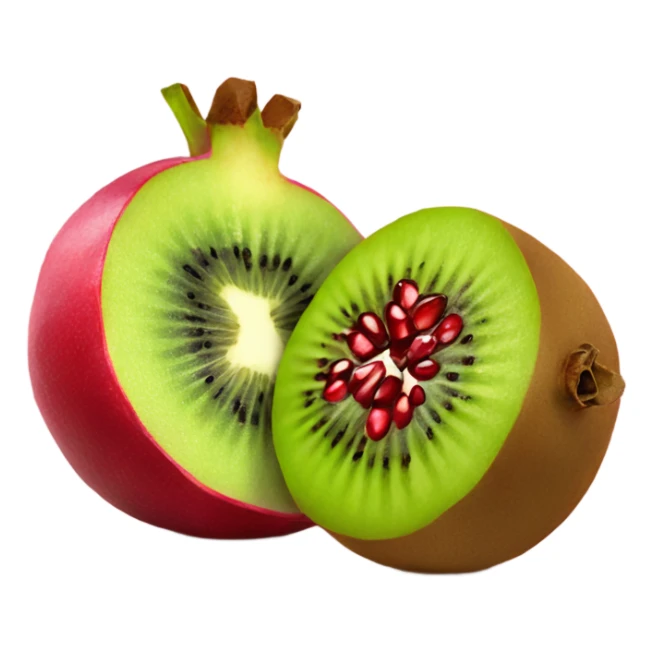 one kiwi and one pomegranate close to each other no face sticker