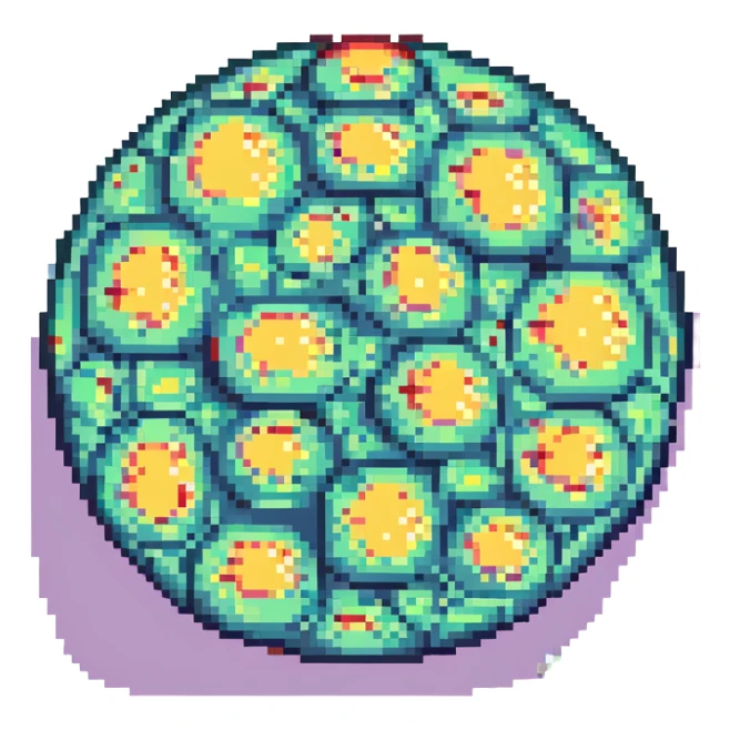 belly with fat accumulation, pixel art style, adipocytes represented as colored pixels, retro atmosphere sticker