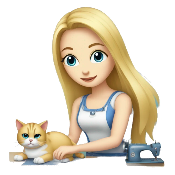 blonde girl with blue eyes working with sewing machine with cat on the floor sticker