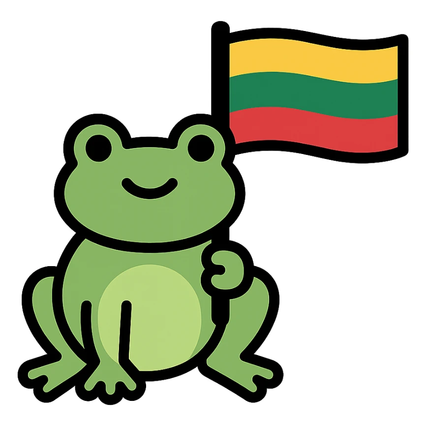 color outline icon of a frog holding a Lithuanian flag sticker