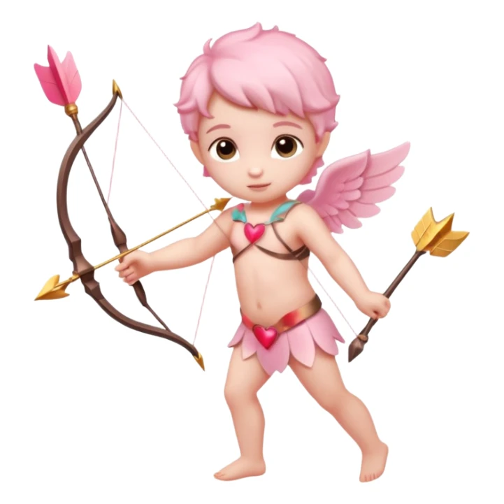 A small, delicate cupid figure or just a bow and arrow in soft pink shades, with the arrowhead shaped like a heart, glowing faintly, aiming forward  sticker