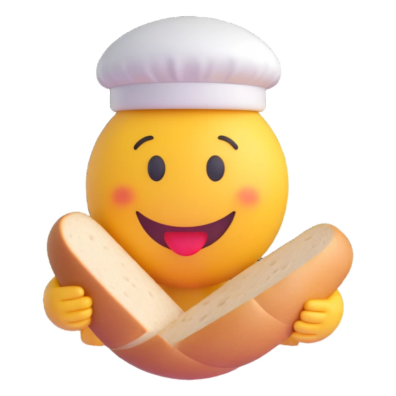3D smiley emoji, round shape, baker: white hat, holding bread, funny face sticker