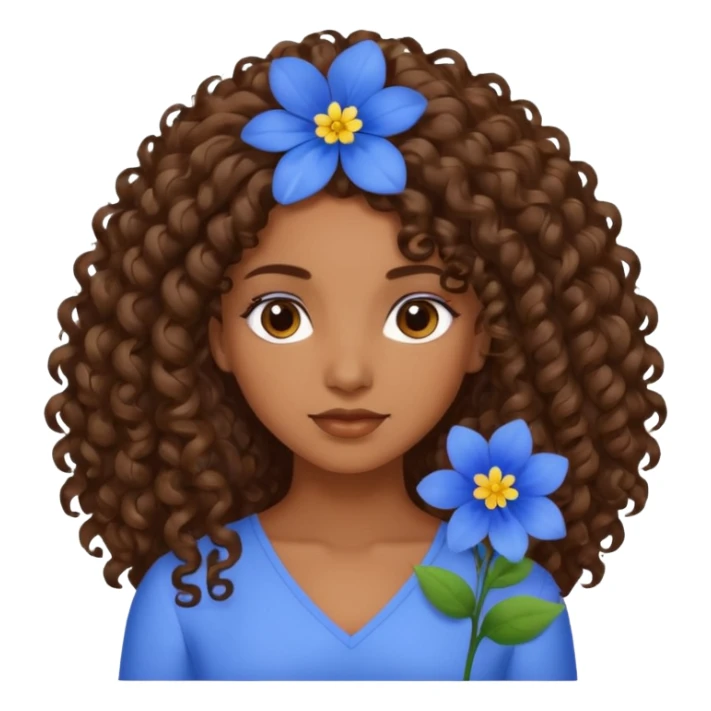 Qro uma moça morena de cabelo cacheado com uma flor azul no cabelo com o cabelo baixo sticker