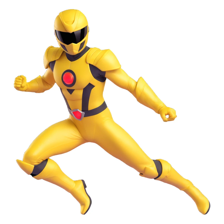 yellow power ranger in dynamic pose, helmet and suit, no text sticker